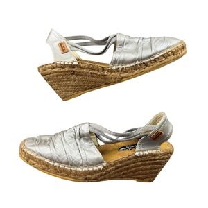 Montané‎ Boho Espadrille Wedge Sandals Silver Leather Comfort EU 39 US 8